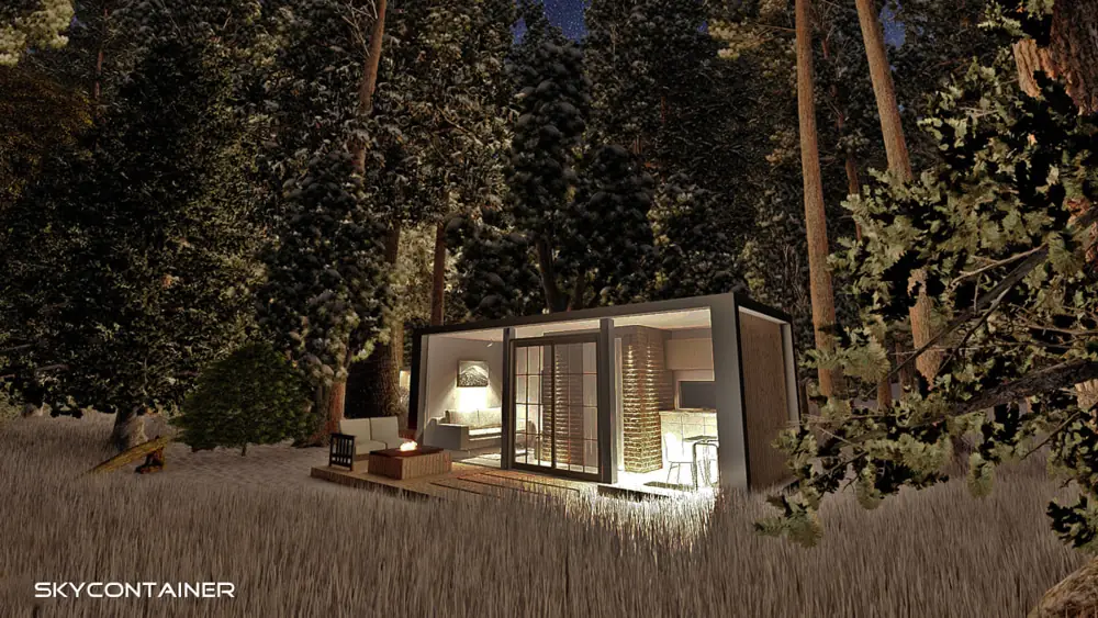 Beleuchtetes Mini-Basic-Wohnmodul mit Glasfront im verschneiten Wald