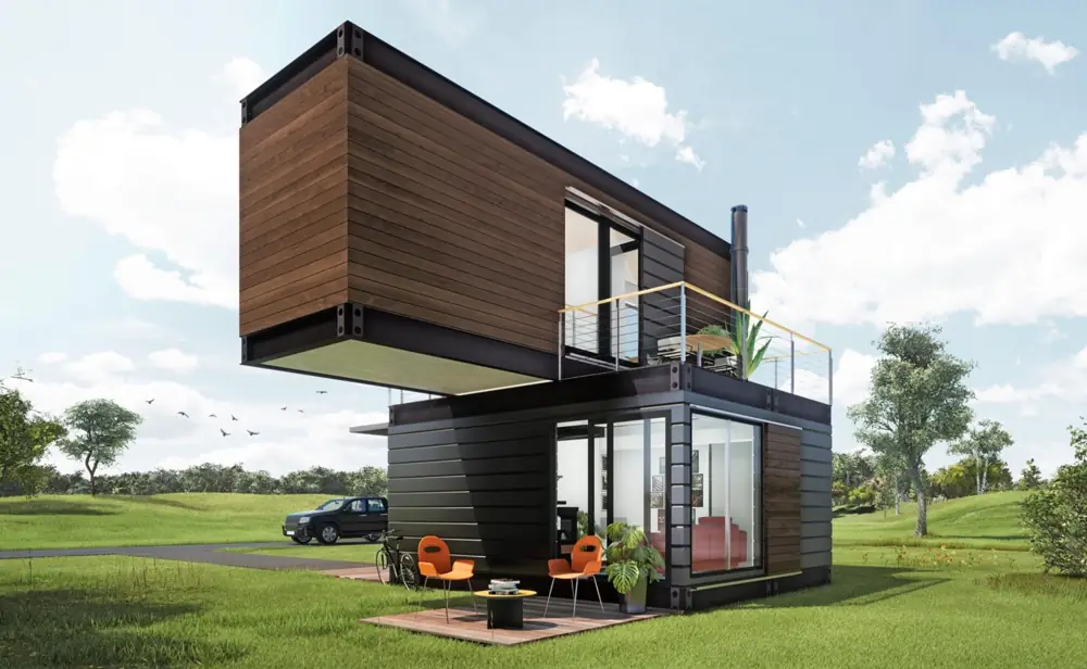 Tiny-House-Konzept mit Holz-Obergeschoss über einem dunklen Wohnmodul