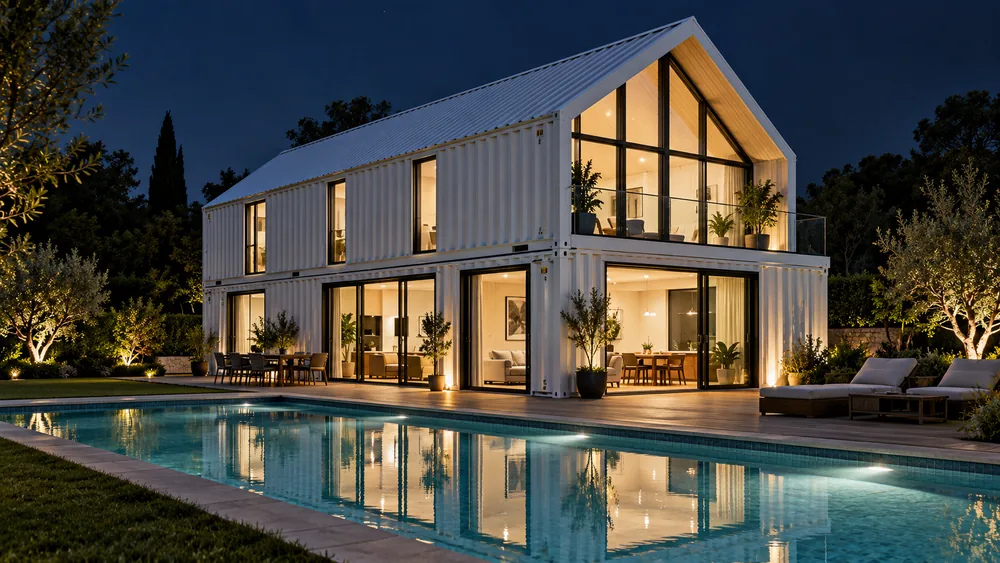 Weiße Containerhaus-Villa mit Giebeldach, großer Glasfront und Pool bei Nacht